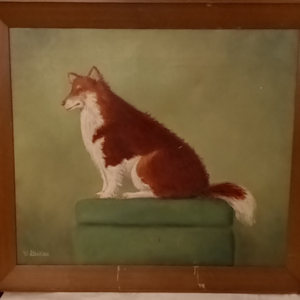 Antique collie painting signed by V. Guess circa 1885